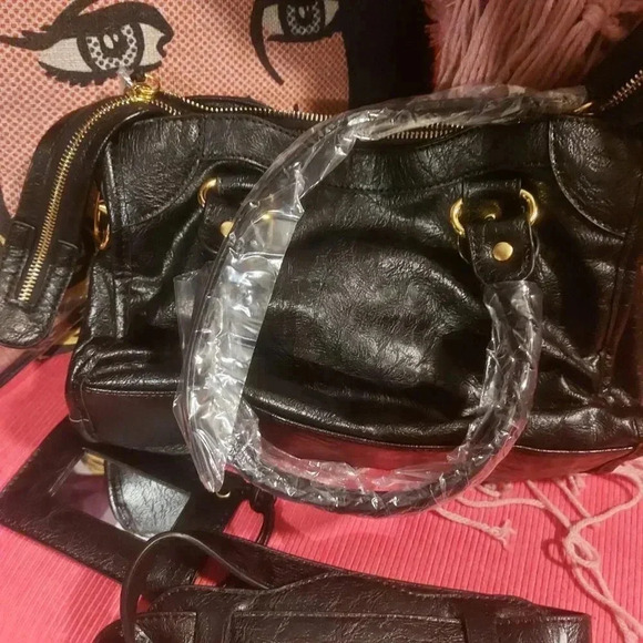 Black Vegan Leather Moto City Satchel Bag with Tassels Removable Strap - Picture 3 of 15